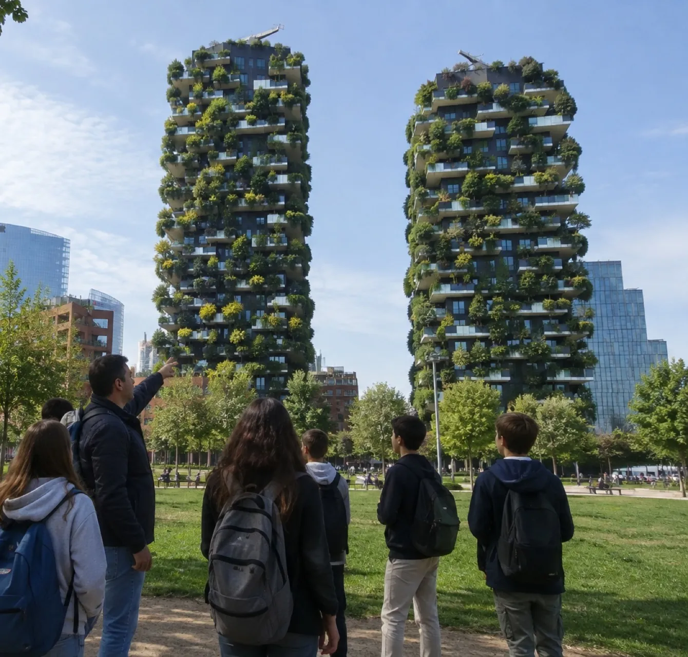 Une classe de dos observe les tours végétalisées du Bosco Verticale à Milan, un accompagnateur pointe les balcons plantés