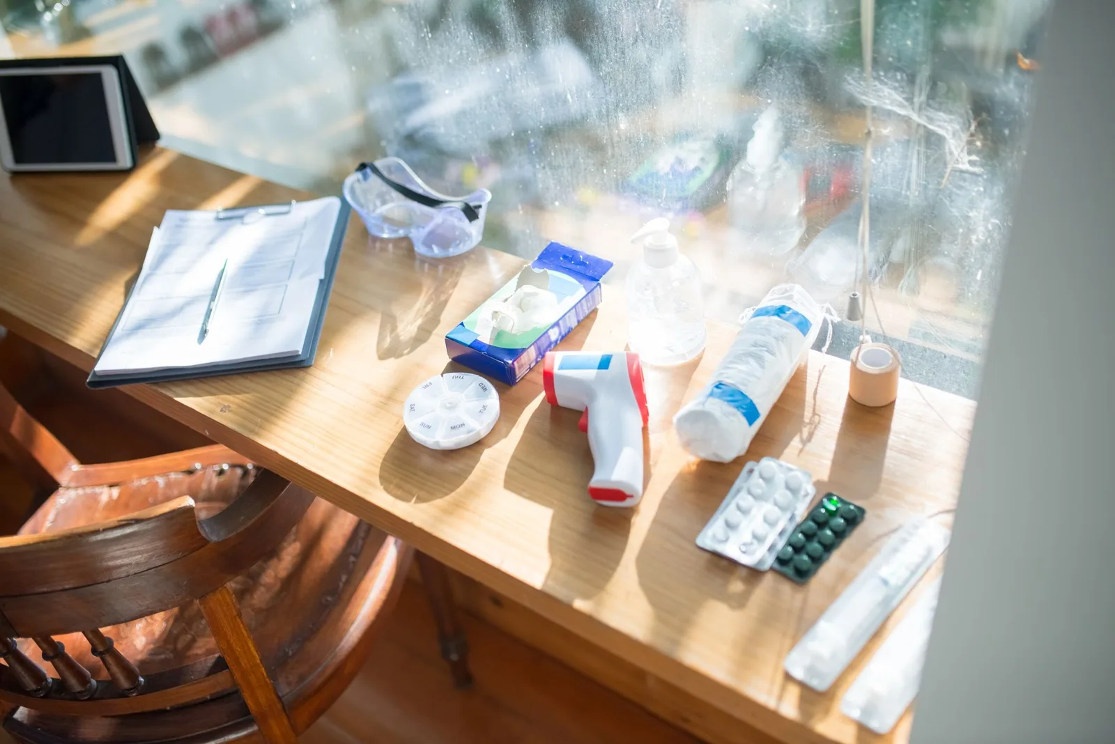 Trousse de premiers secours ouverte sur une table : pansements, compresses, ciseaux